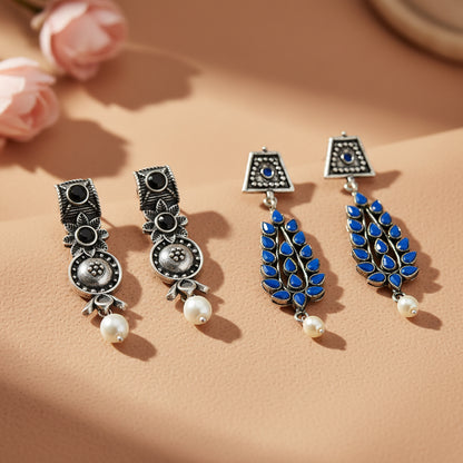 Wonderful wildflower oxidised stud earrings (Black)&Precious Petal stone studded dangler earring (Blue) Combo set