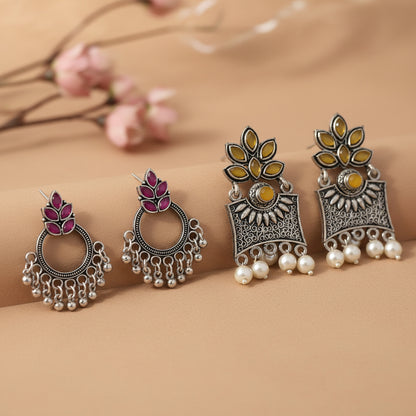 Fine Shine stud earrings (Red)&Flora-Aura stone studded dangler earrings (Yellow) Combo set
