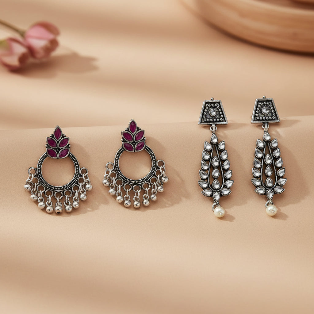 Fine Shine stud earrings (Red)&Precious Petal stone studded dangler earring (White) Combo set