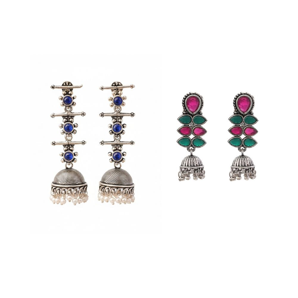Dazzle Dash Jhumki earring (Multicolored)&Royal Triple Bell Layered Jhumka Earring (Blue) Combo set