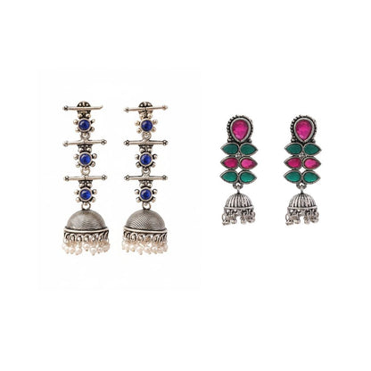 Dazzle Dash Jhumki earring (Multicolored)&Royal Triple Bell Layered Jhumka Earring (Blue) Combo set