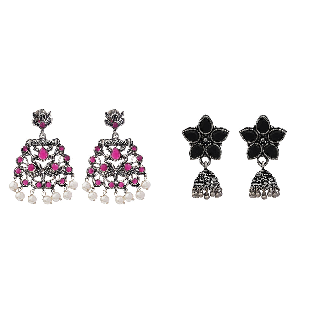 Beauty Bloom ghunghroo jhumki earring (Black)&Peacock glow stone studded dangler earrings (Red) Combo set