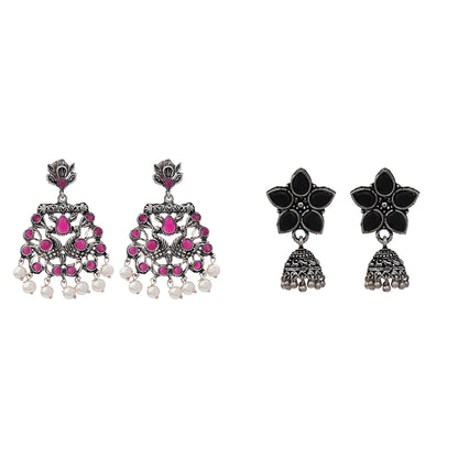 Beauty Bloom ghunghroo jhumki earring (Black)&Peacock glow stone studded dangler earrings (Red) Combo set