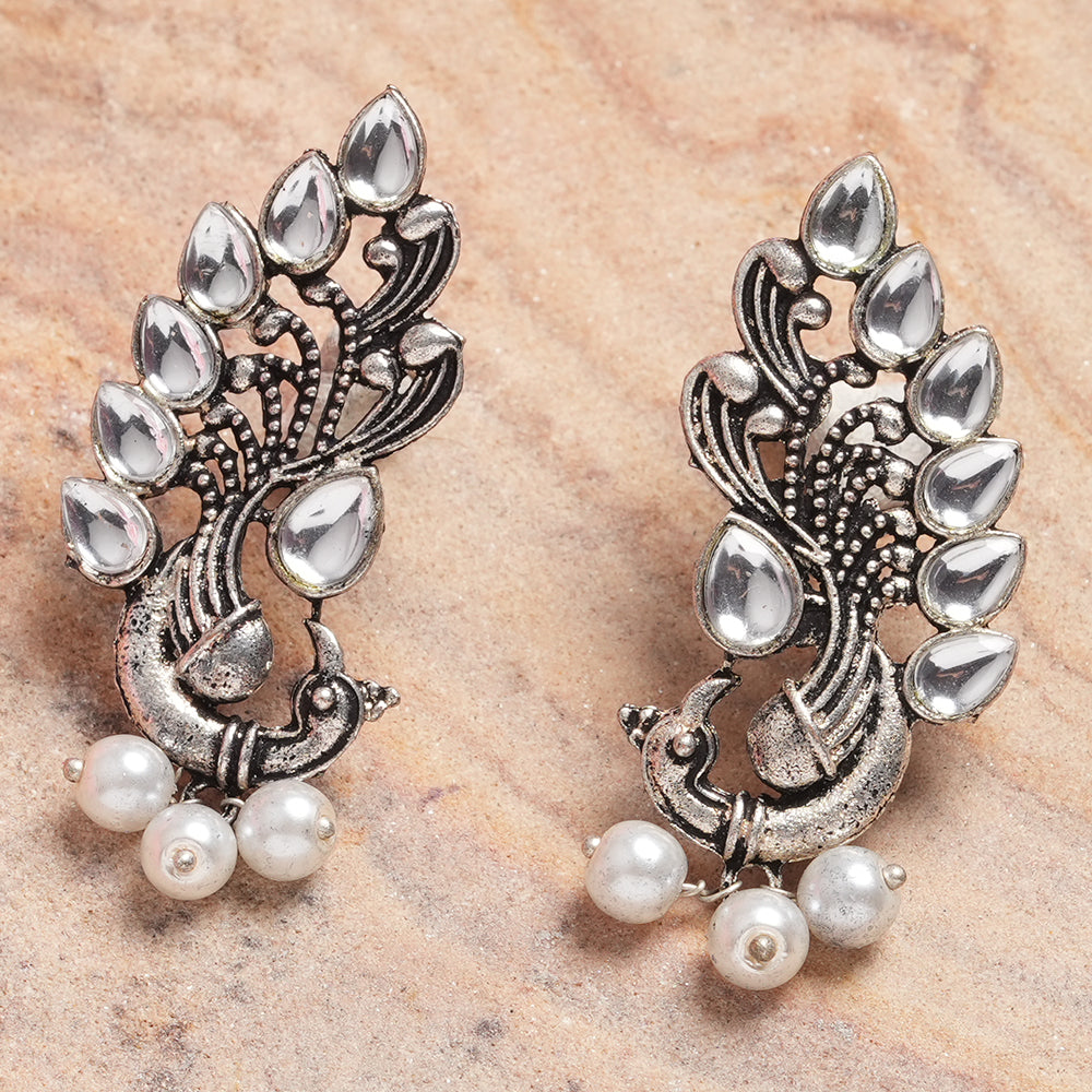 Grey Stone Studded Peacock Motif Stud Earrings With Hanging Pearls