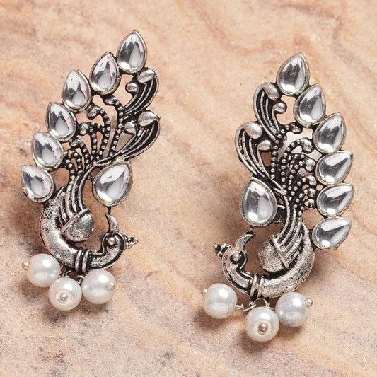 Grey Stone Studded Peacock Motif Stud Earrings With Hanging Pearls