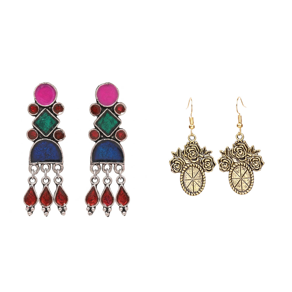 Rainbow rhine dangler earrings (Multicolored)&Vintage Oval Flower Shaped Golden Polished Oxidised Danglers Combo set