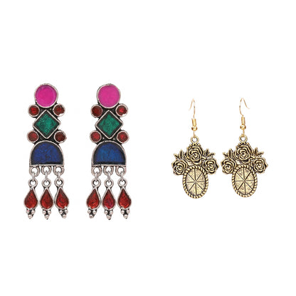 Rainbow rhine dangler earrings (Multicolored)&Vintage Oval Flower Shaped Golden Polished Oxidised Danglers Combo set