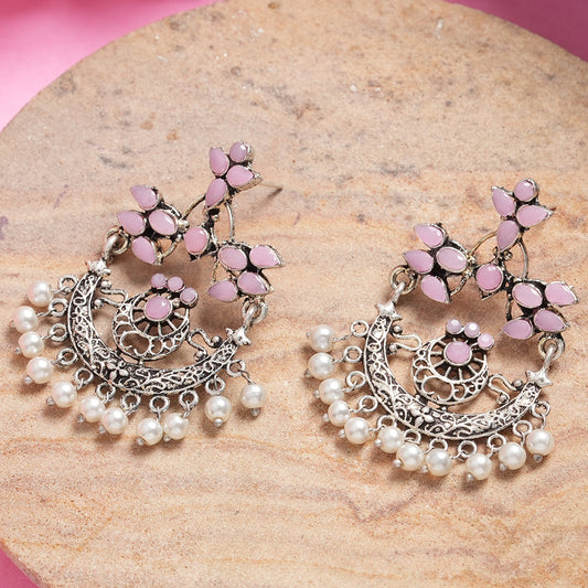 Baby Pink Stone Studded Beautiful Oxidised Danglers With Hanging Baby Pearls