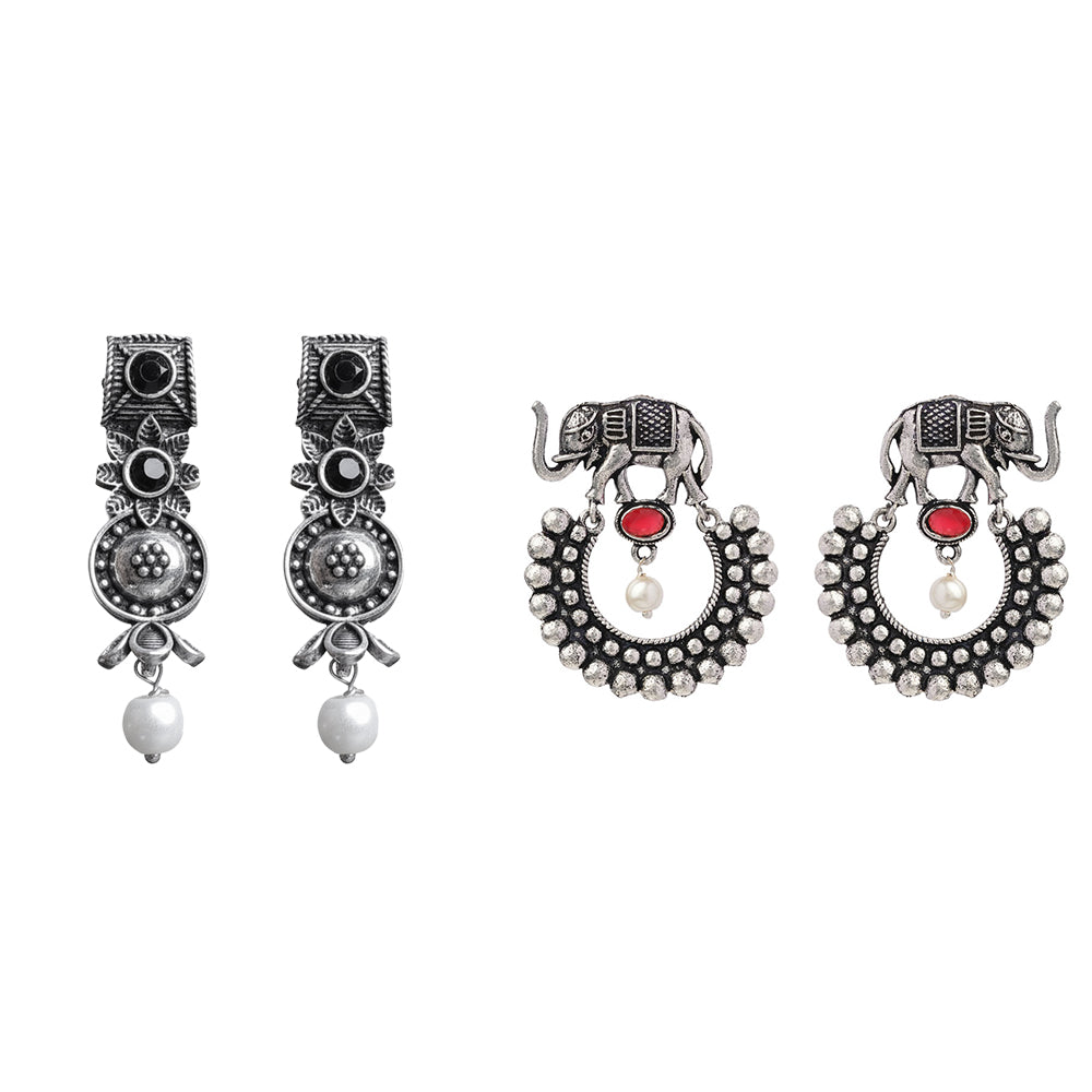 Wonderful wildflower oxidised stud earrings (Black)&Elephant Arc dangler earrings (Dark Red) Combo set