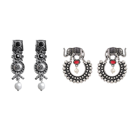 Wonderful wildflower oxidised stud earrings (Black)&Elephant Arc dangler earrings (Dark Red) Combo set