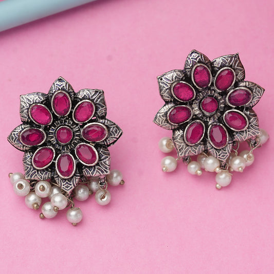 Red Stone Studded Oxidised Earrings With Hanging Pearls
