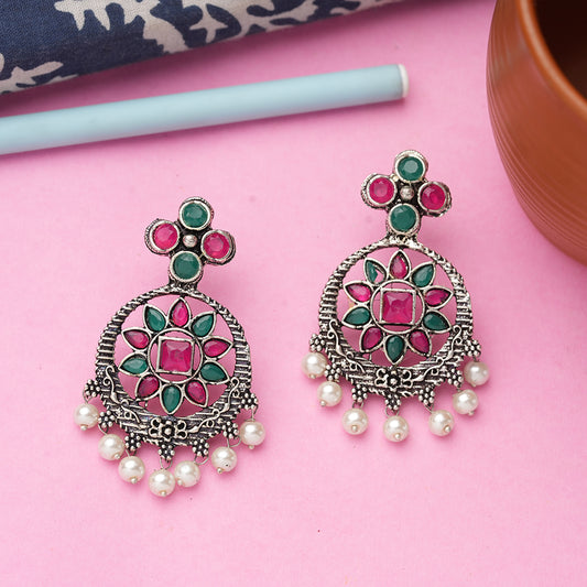 Multicolored Stone Studded German Silver Stud Earrings With Hanging Pearls