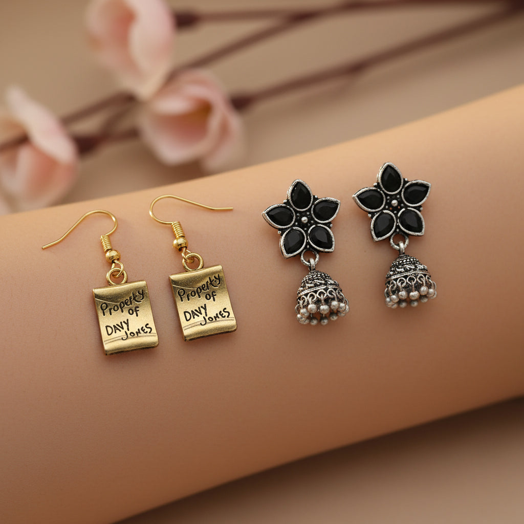 Beauty Bloom ghunghroo jhumki earring (Black)&Globe trotter dangler earrings Combo set