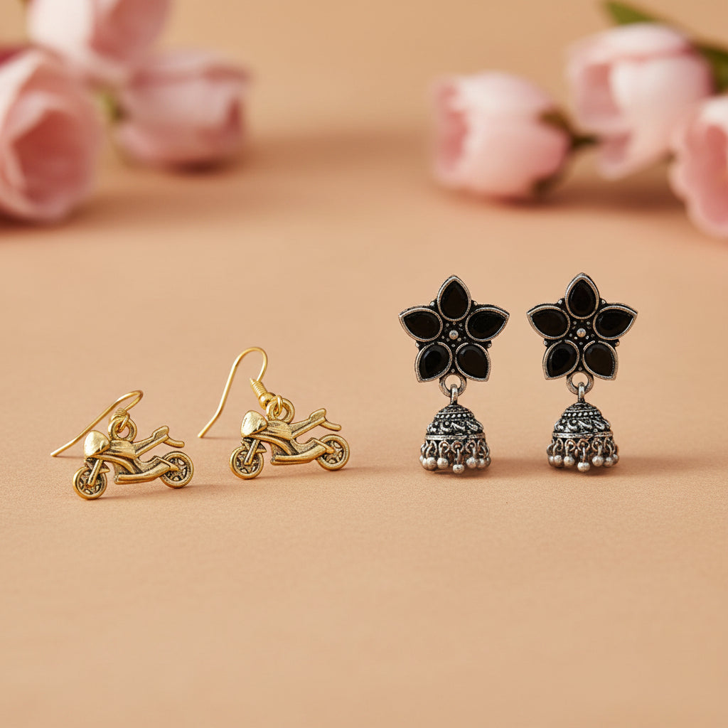 Beauty Bloom ghunghroo jhumki earring (Black)&Sports Bike Shaped Golden Polished Oxidised Danglers Combo set
