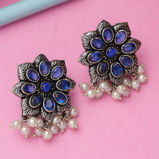 Blue Stone Studded Oxidised Earrings With Hanging Pearls