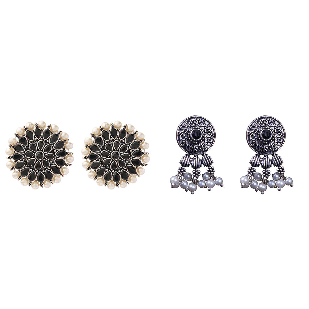 Carved Charm Dangler earrings &  Button rays stud earring (Black) Combo set