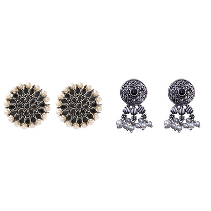 Carved Charm Dangler earrings &  Button rays stud earring (Black) Combo set