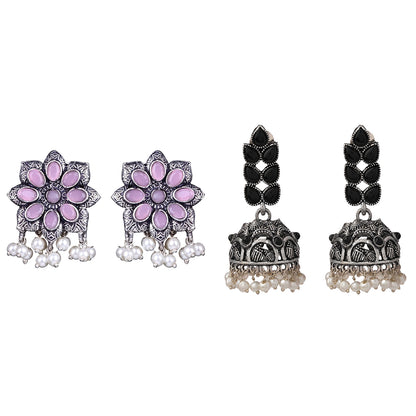 Jugni vibrant stud earrings (Baby Pink)&Leaf Cascade jhumki earrings (Black) Combo set