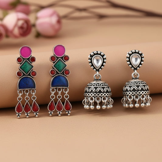 Rainbow rhine dangler earrings (Multicolored)&Jharokha stone studded jhumki earring (White) Combo set