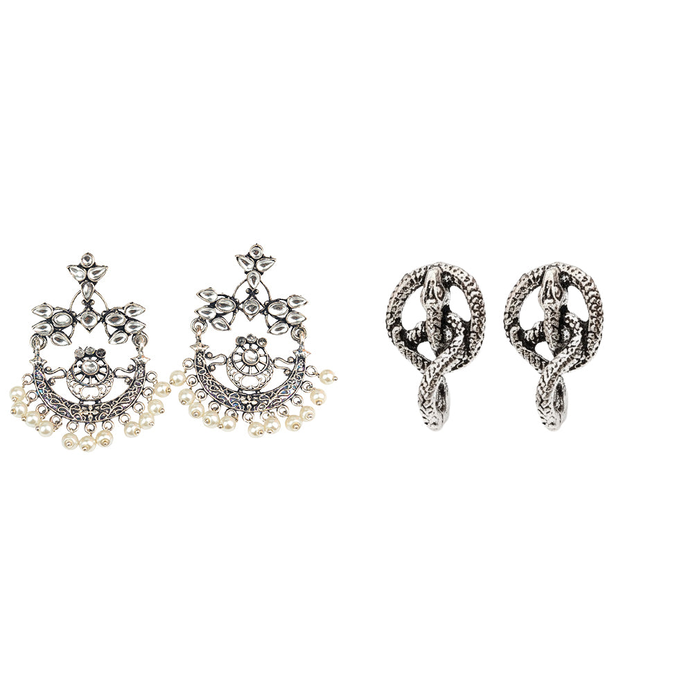 Carved Charm Dangler earrings &  Swirly snake oxidised stud earrings Combo set