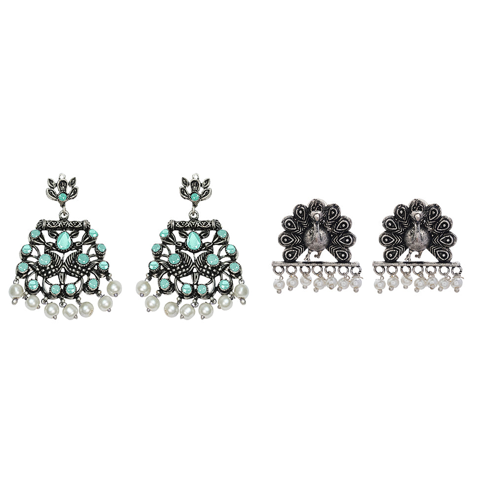 Peacock glow stone studded dangler earrings (Mint)&Meena Manjari stone stud earrings (Silver) Combo set