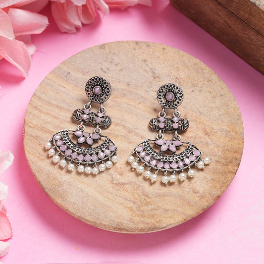 Baby Pink Stone Studded Rajwada Statement Earrings