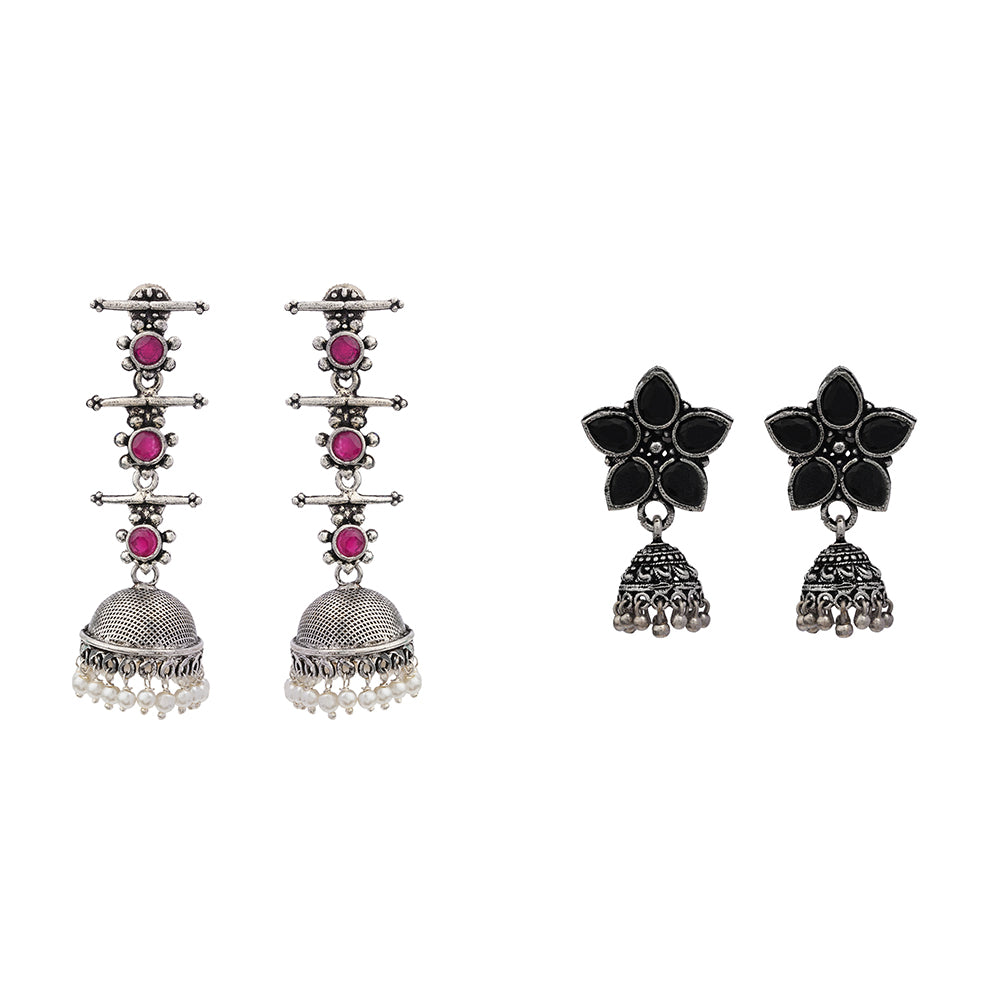 Beauty Bloom ghunghroo jhumki earring (Black)&Royal Triple Bell Layered Jhumka Earring (Red) Combo set