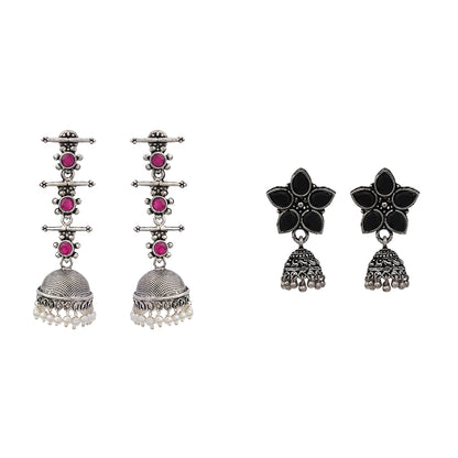 Beauty Bloom ghunghroo jhumki earring (Black)&Royal Triple Bell Layered Jhumka Earring (Red) Combo set