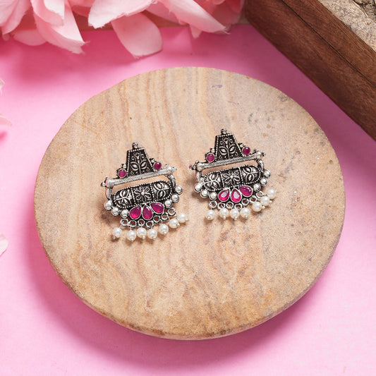Red Stone Studded Oxidised Earrings With Hanging Pearl