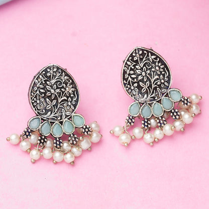 Mint Stone Studded Elegant Oxidised Stud Earrings