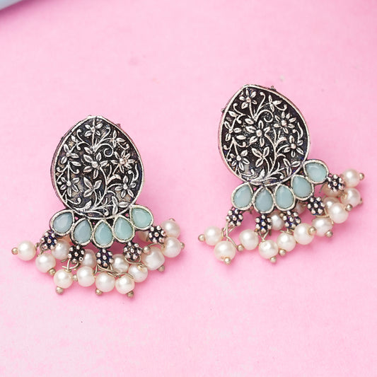 Mint Stone Studded Elegant Oxidised Stud Earrings