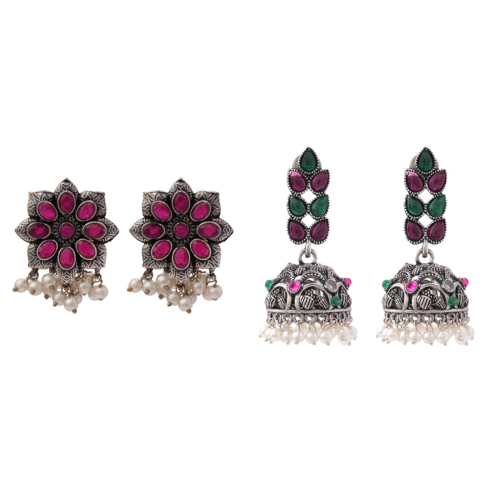 Jugni vibrant stud earrings (Red)&Leaf Cascade jhumki earrings (Multicolored) Combo set