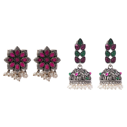Jugni vibrant stud earrings (Red)&Leaf Cascade jhumki earrings (Multicolored) Combo set