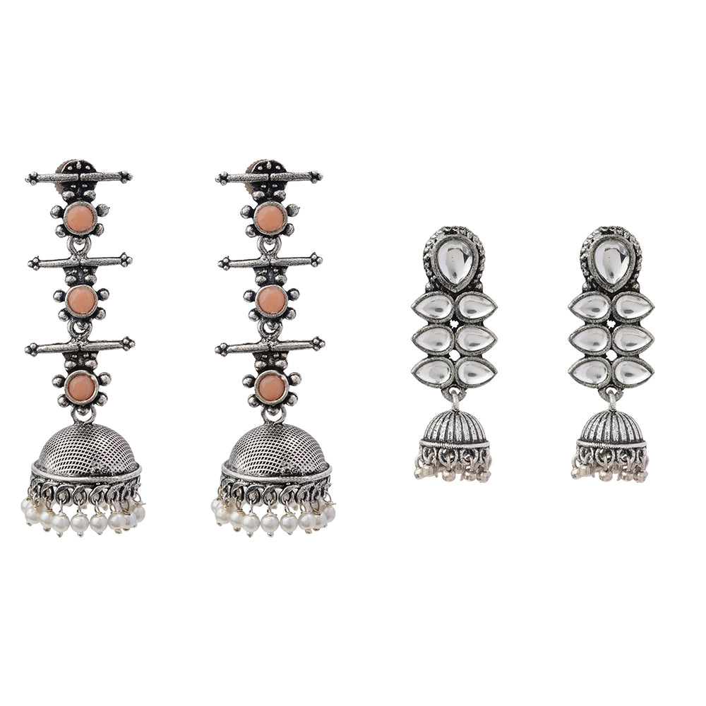 Dazzle Dash Jhumki earring (White)&Royal Triple Bell Layered Jhumka Earring (Light Orange) Combo set