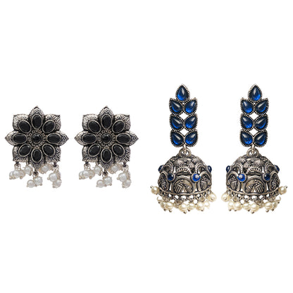 Jugni vibrant stud earrings (Black) Leaf Cascade jhumki earrings (Blue) Combo set