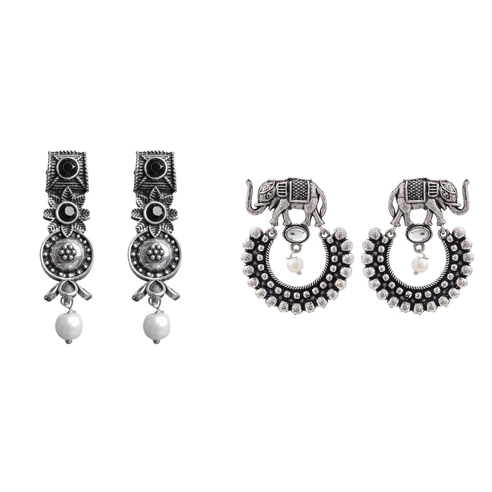 Wonderful wildflower oxidised stud earrings (Black)&Elephant Arc dangler earrings (White) Combo set