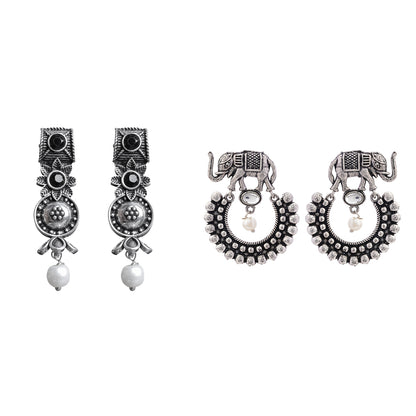 Wonderful wildflower oxidised stud earrings (Black)&Elephant Arc dangler earrings (White) Combo set