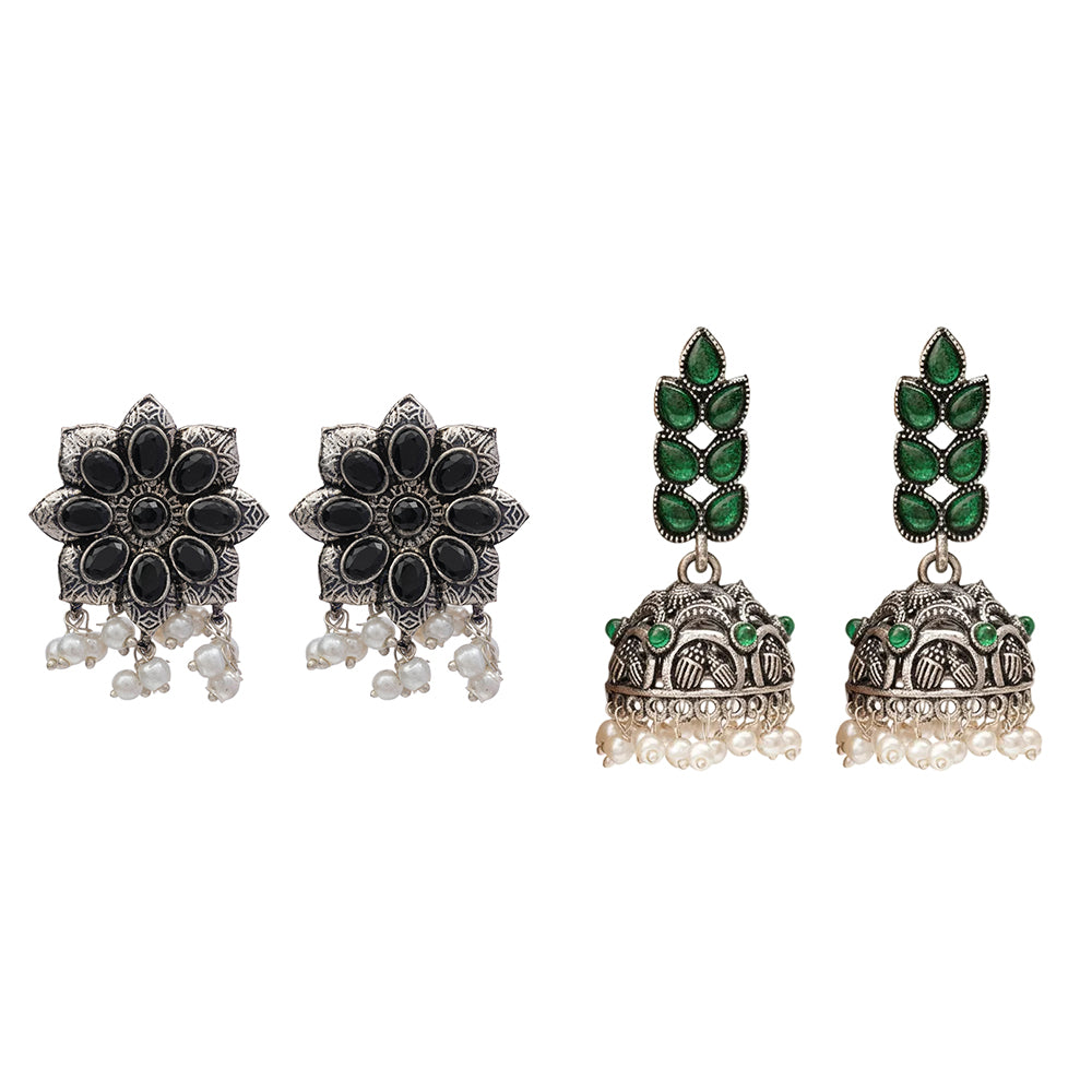 Jugni vibrant stud earrings (Black)&Leaf Cascade jhumki earrings (Green) Combo set