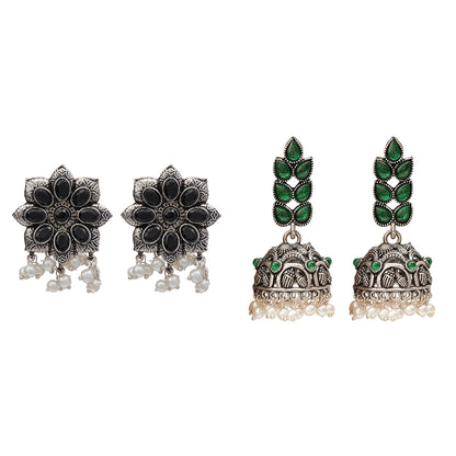 Jugni vibrant stud earrings (Black)&Leaf Cascade jhumki earrings (Green) Combo set