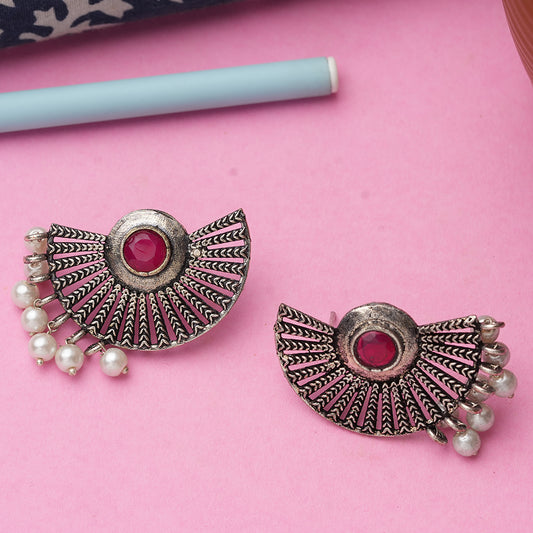 Red Stone Studded Oxidised Earrings With Hanging Pearls