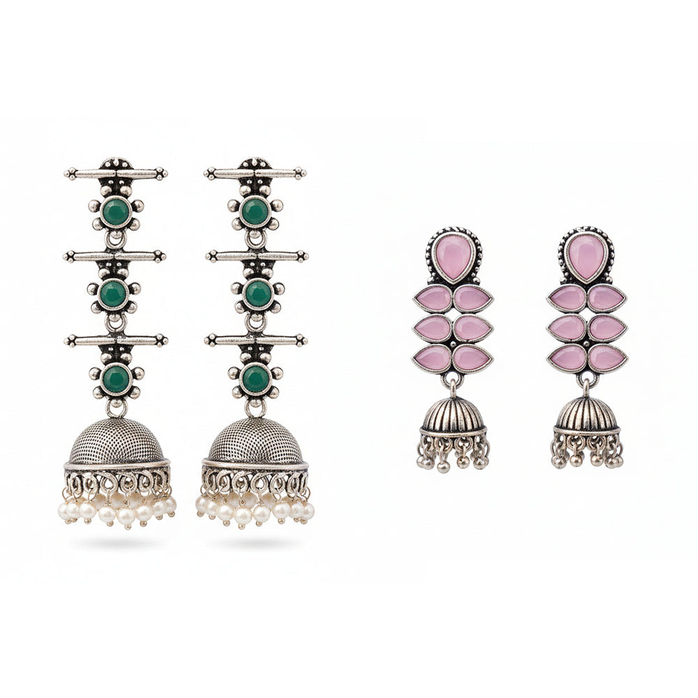Dazzle Dash Jhumki earring (Baby Pink)&Royal Triple Bell Layered Jhumka Earring (Green) Combo set