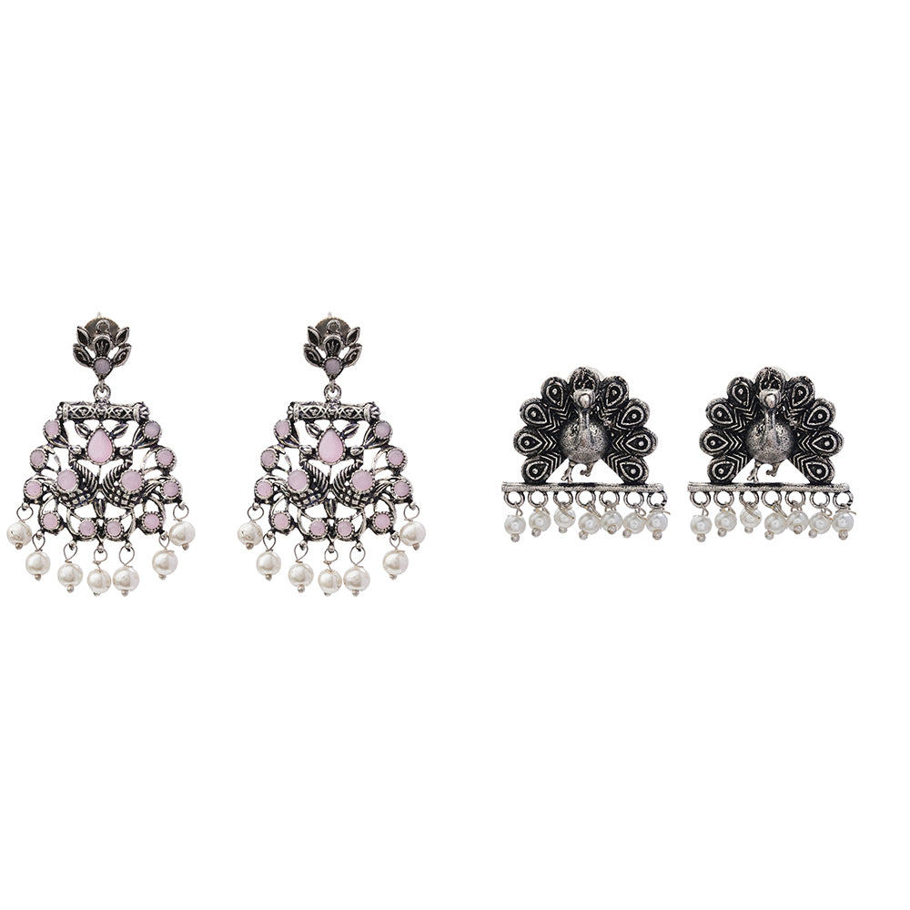 Peacock glow stone studded dangler earrings (Baby Pink)&Meena Manjari stone stud earrings (Silver) Combo set