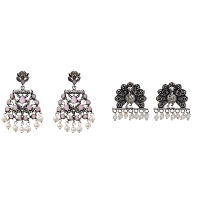 Peacock glow stone studded dangler earrings (Baby Pink)&Meena Manjari stone stud earrings (Silver) Combo set