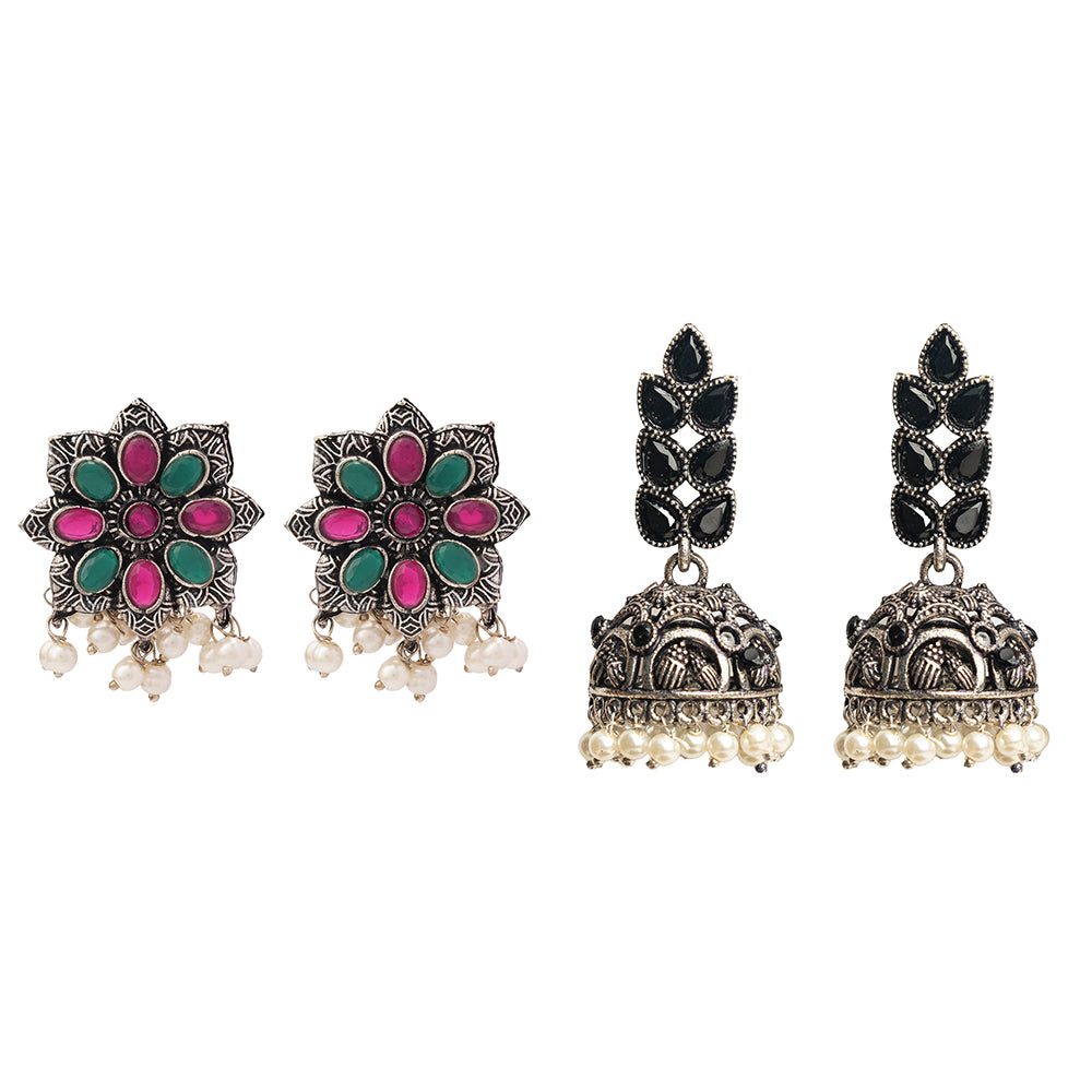 Jugni vibrant stud earrings (Multicolored)&Leaf Cascade jhumki earrings (Black) Combo set