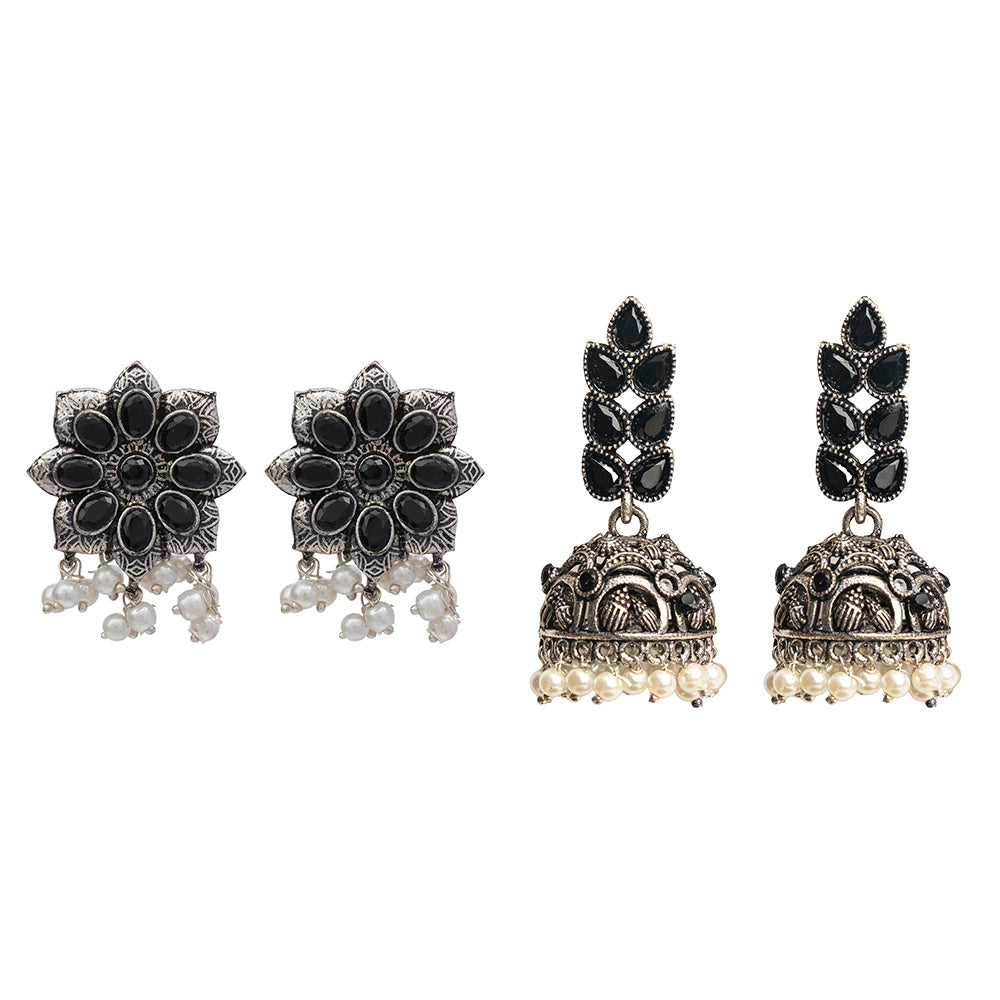 Jugni vibrant stud earrings (Black)&Leaf Cascade jhumki earrings (Black) Combo set