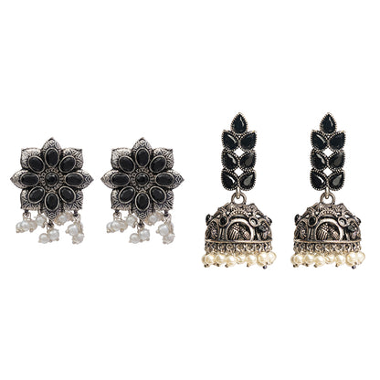 Jugni vibrant stud earrings (Black)&Leaf Cascade jhumki earrings (Black) Combo set