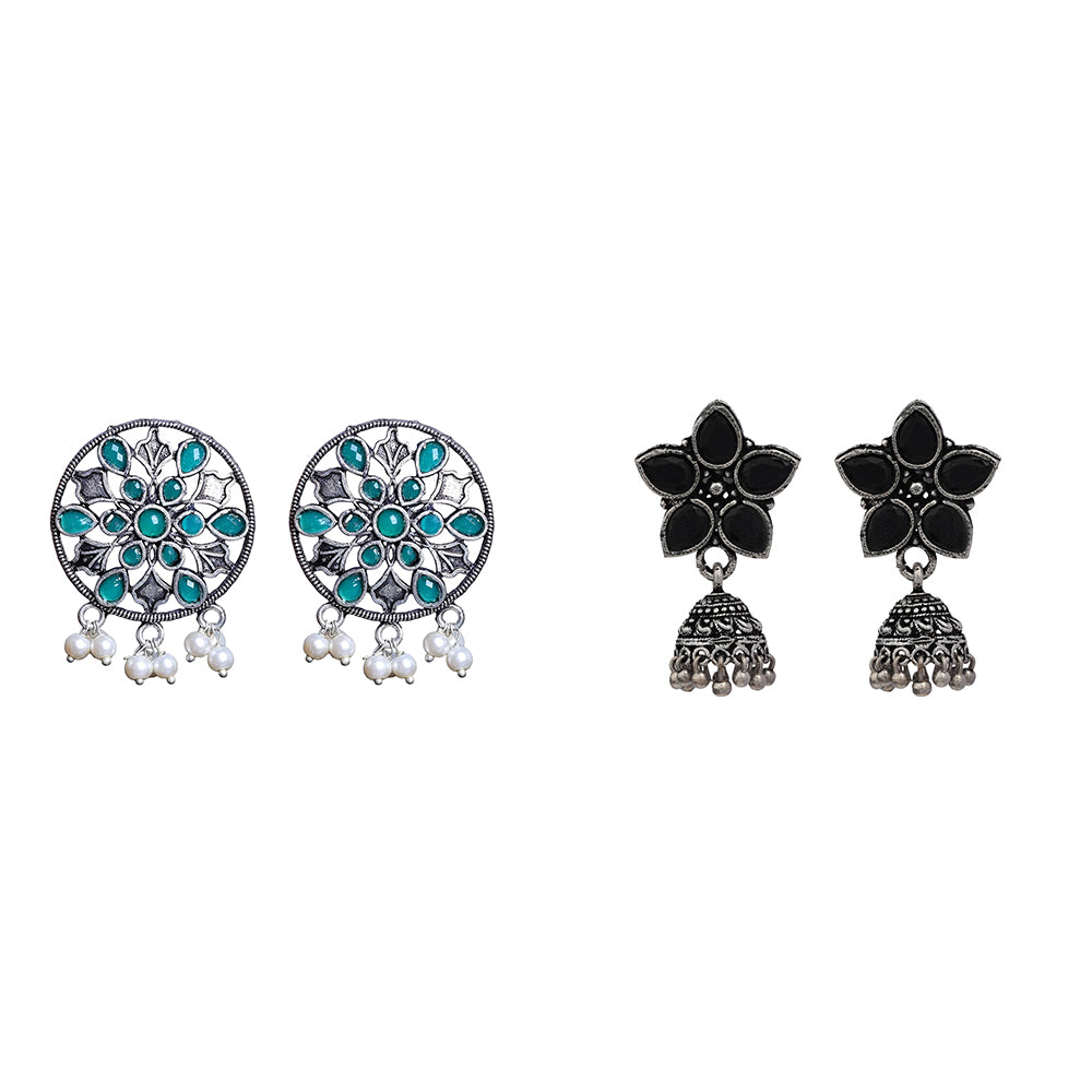 Beauty Bloom ghunghroo jhumki earring (Black)&Glass drops Dangler Earrings (Green) Combo set