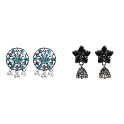 Beauty Bloom ghunghroo jhumki earring (Black)&Glass drops Dangler Earrings (Green) Combo set
