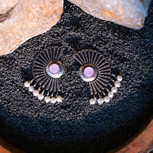 Baby Pink Stone Studded Oxidised Earrings With Hanging Pearls