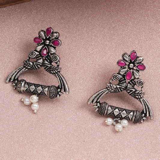 Red Stone Studded Elegant Earrings With Hanging Baby Pearls